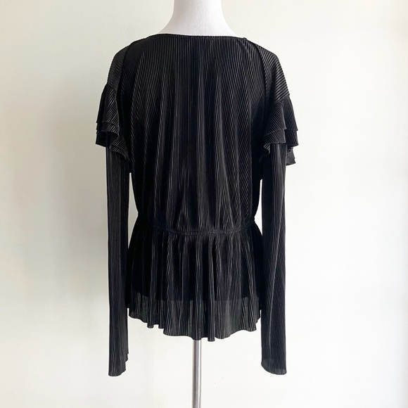 Zara Large Pleated Ruffled Blouse Black V Neck Tie Long Sleeve Top Romantic - Picture 5 of 11